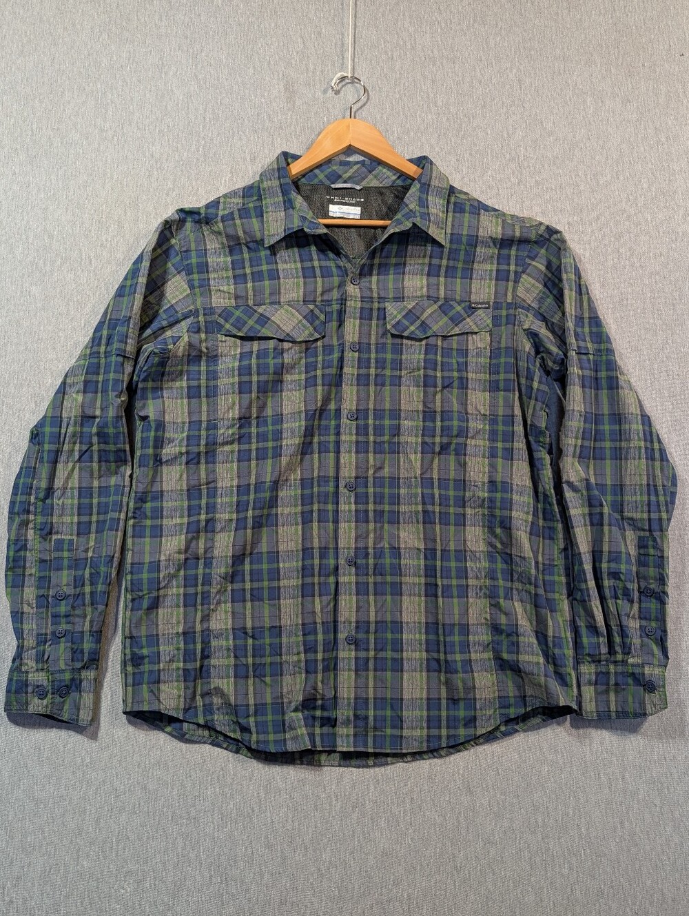 Columbia Omni-Shade Plaid Shirt Men's XL Green Blue Outdoor